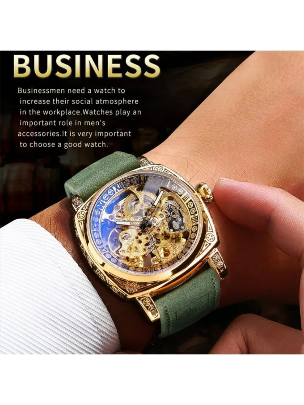 Mens Army Green Square Mechanical Leather Strap Self-Wind Carved Automatic Watch